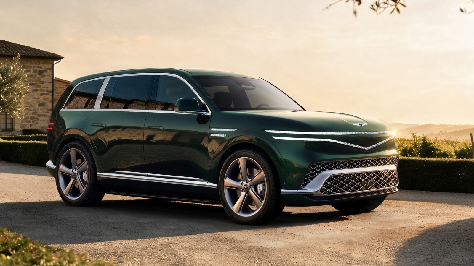 Dark green Genesis GV90 Neolun electric SUV, front three-quarter view at sunset