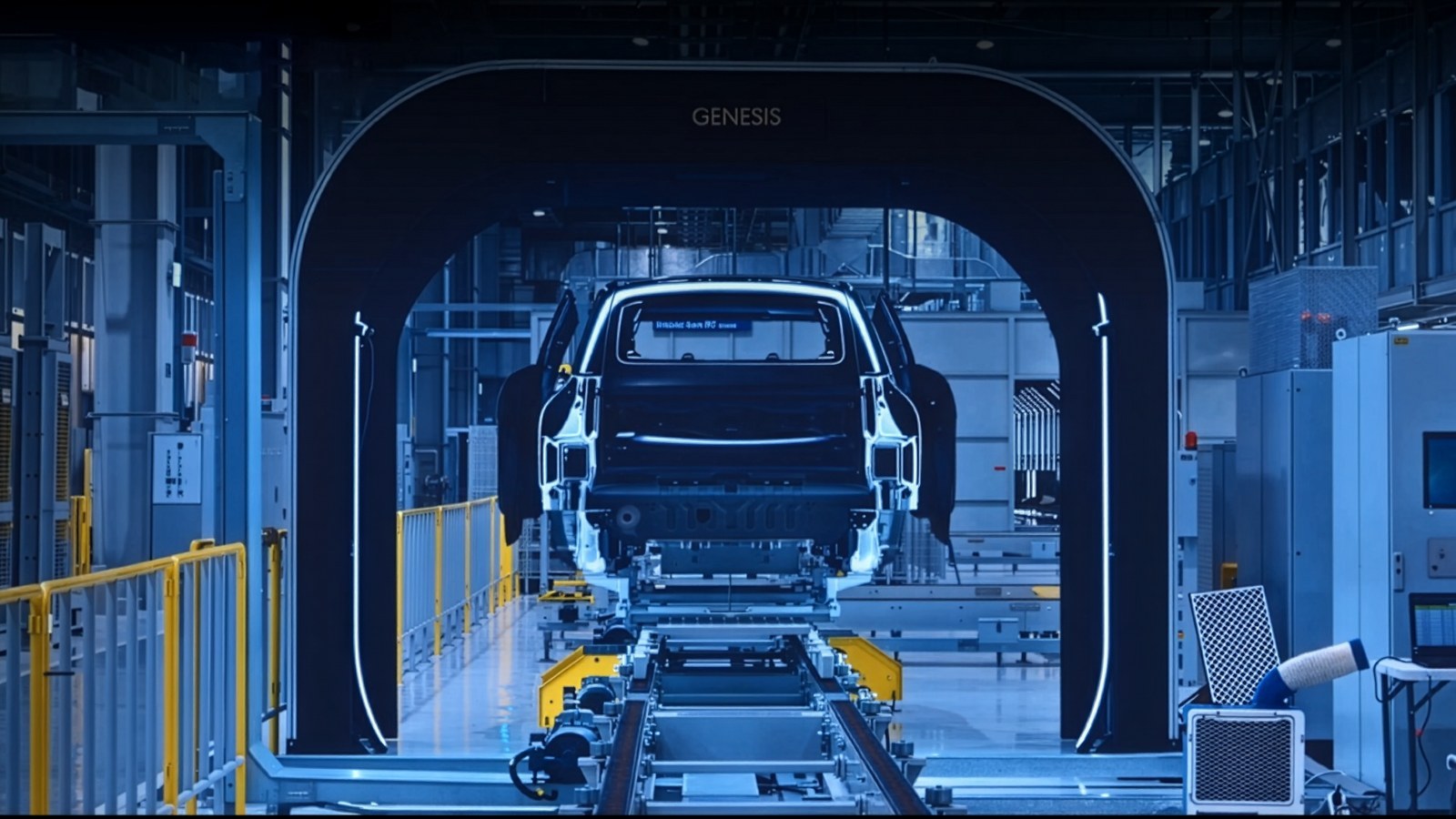 GV90 body shell passing through a paint inspection tunnel in a factory