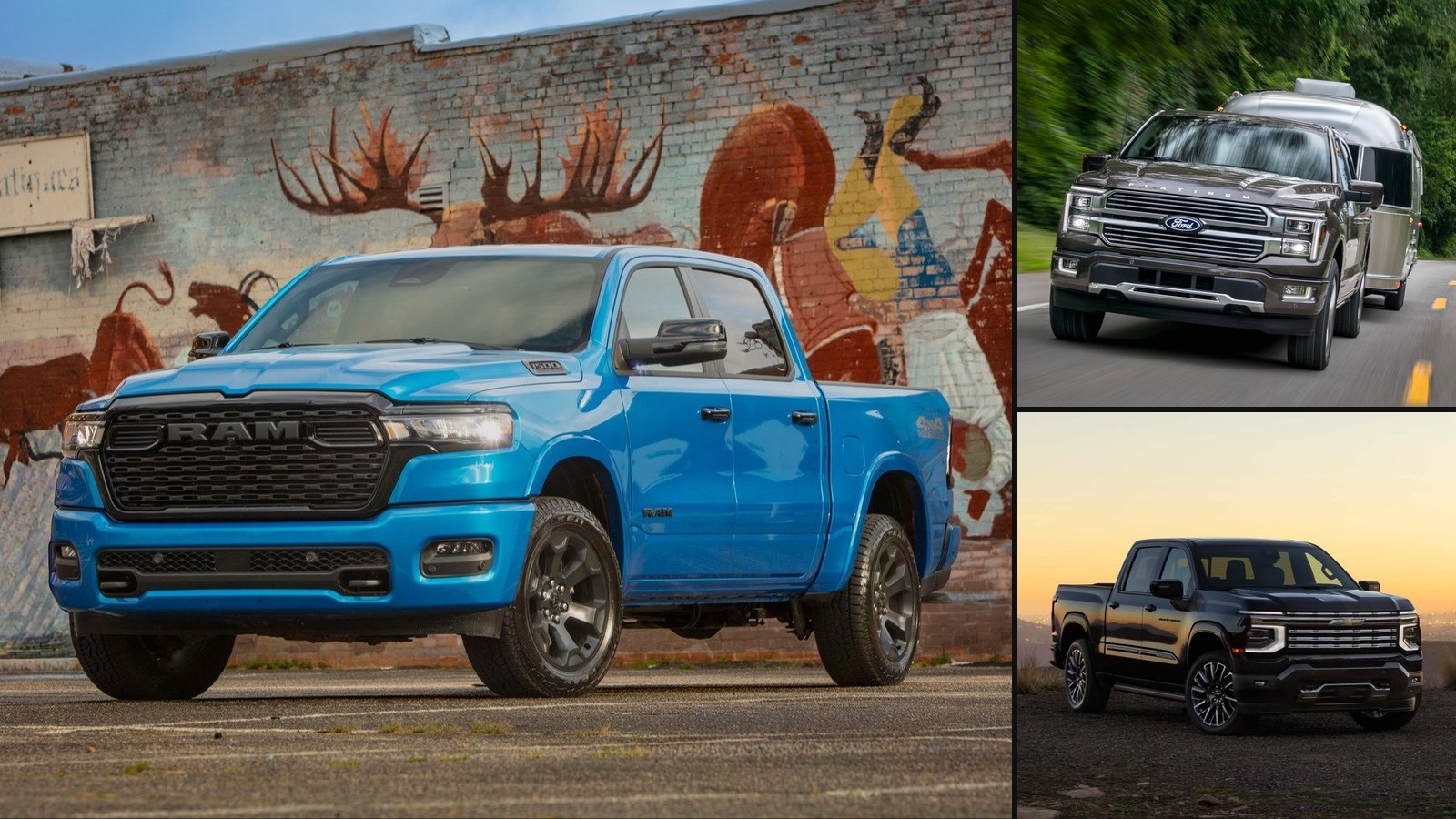 Ram 1500, Ford F-150, and Chevrolet Silverado pickups side by side