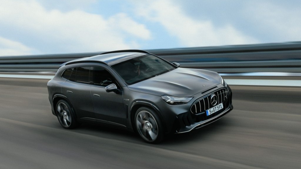 Mercedes-AMG GT SUV electric SUV driving, front three-quarter view