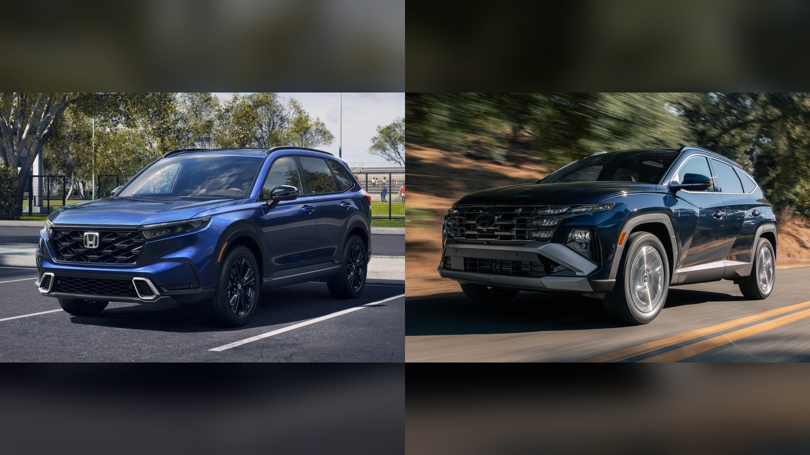 Honda CR-V Sport Touring Hybrid beside a Hyundai Tucson Hybrid