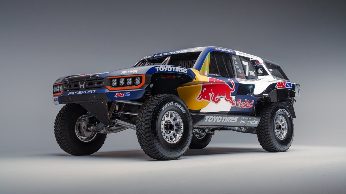 Honda Passport Baja Spec Trophy Truck in race livery, front three-quarter view