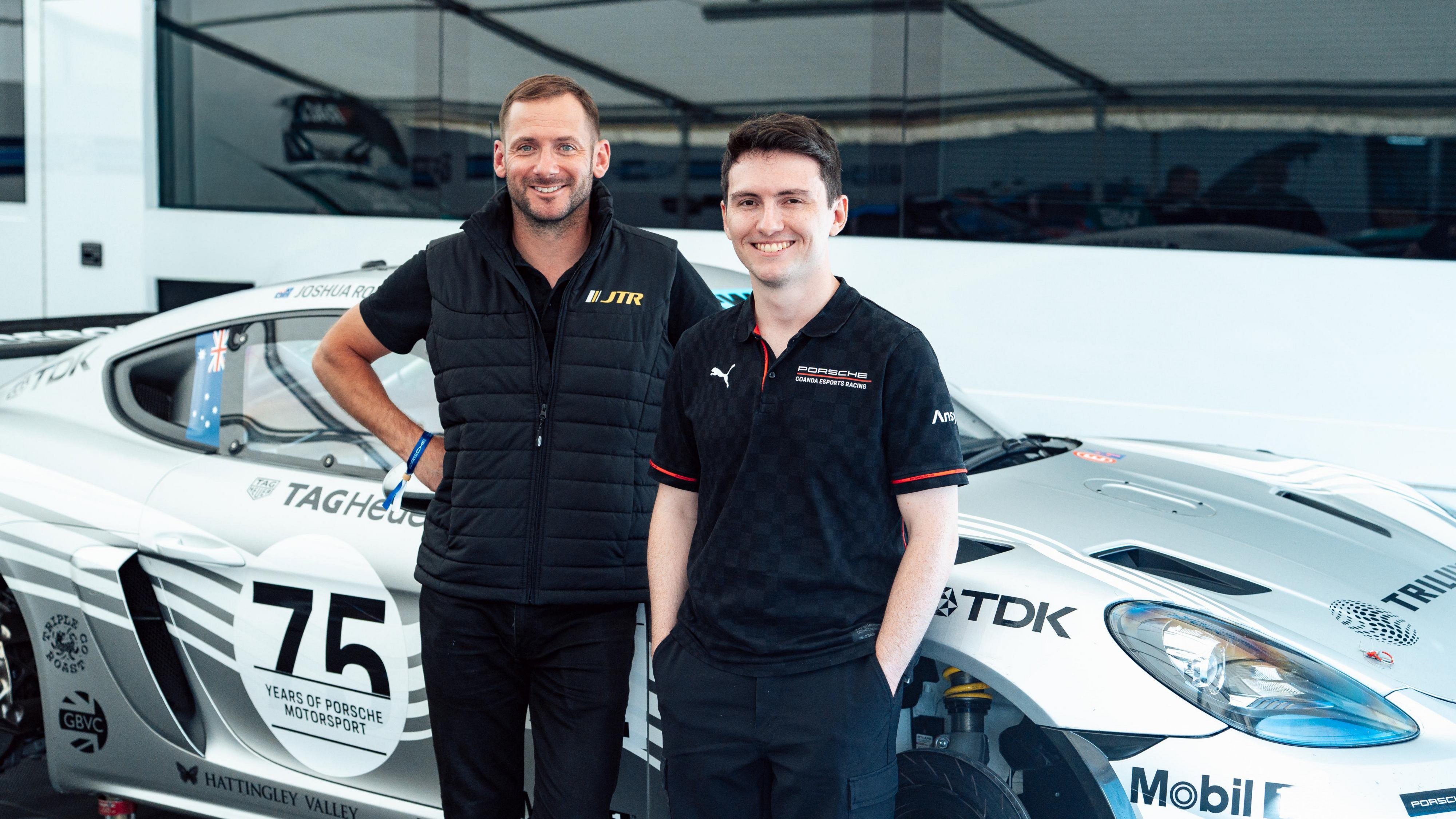 Nick Tandy and Joshua Rogers beside the Team Parker Racing Porsche 718 Cayman GT4 RS Clubsport