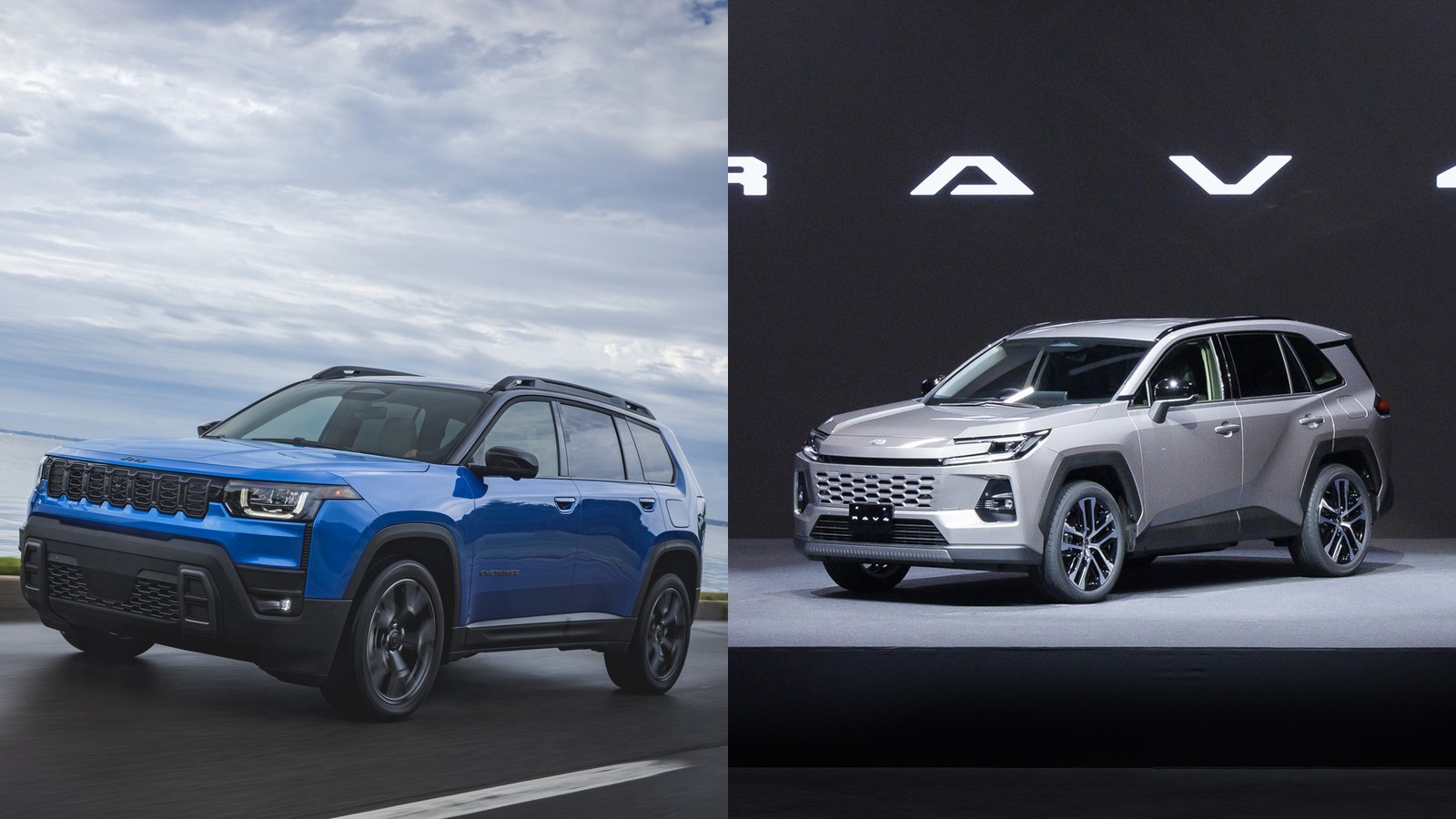 Blue 2026 Jeep Cherokee and silver sixth-generation Toyota RAV4 side by side