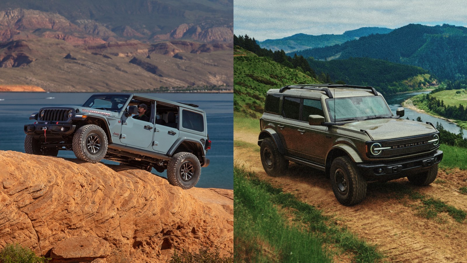 Jeep Wrangler Rubicon four-door and Ford Bronco Filson side by side