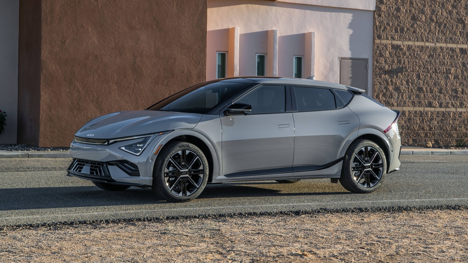 Gray 2026 Kia EV6 GT-Line parked, front three-quarter view