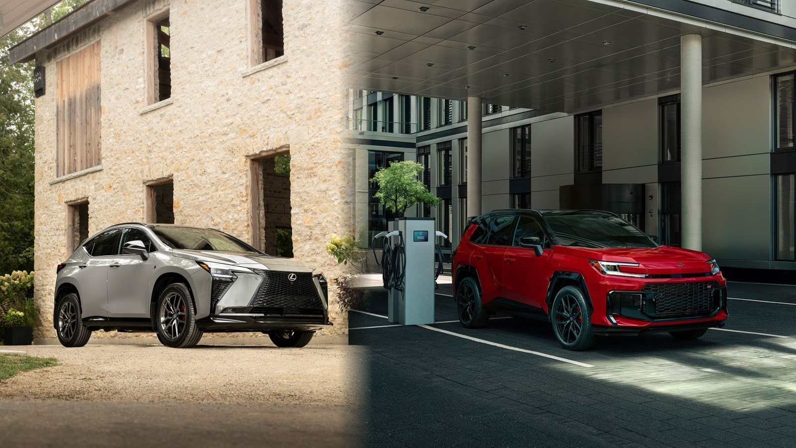 Silver 2027 Lexus NX beside a red Toyota RAV4 Plug-in Hybrid