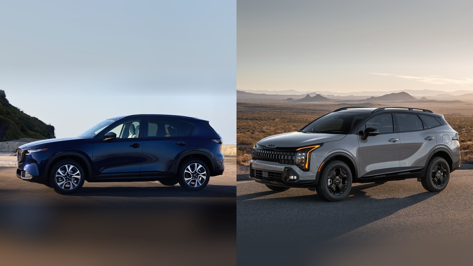 Blue Mazda CX-5 beside a gray Kia Sportage X-Line