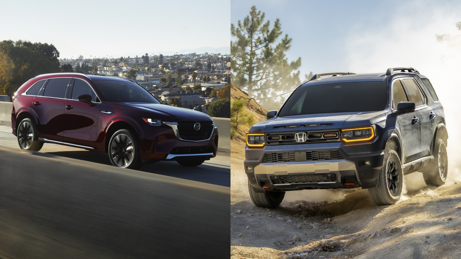 Red Mazda CX-90 on a freeway and blue Passport TrailSport on dirt