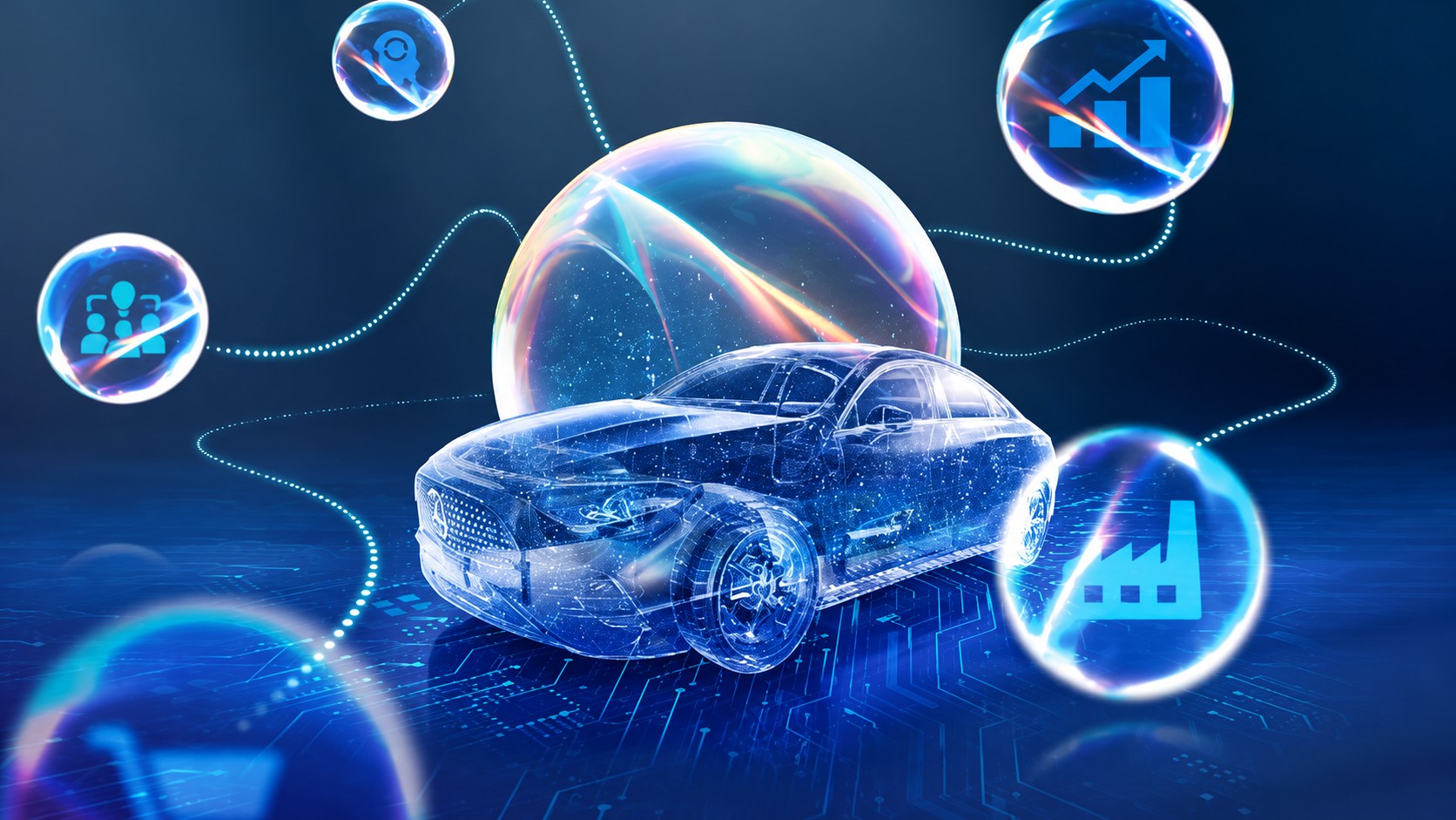 Transparent wireframe Mercedes sedan surrounded by icons for development, production, and sales