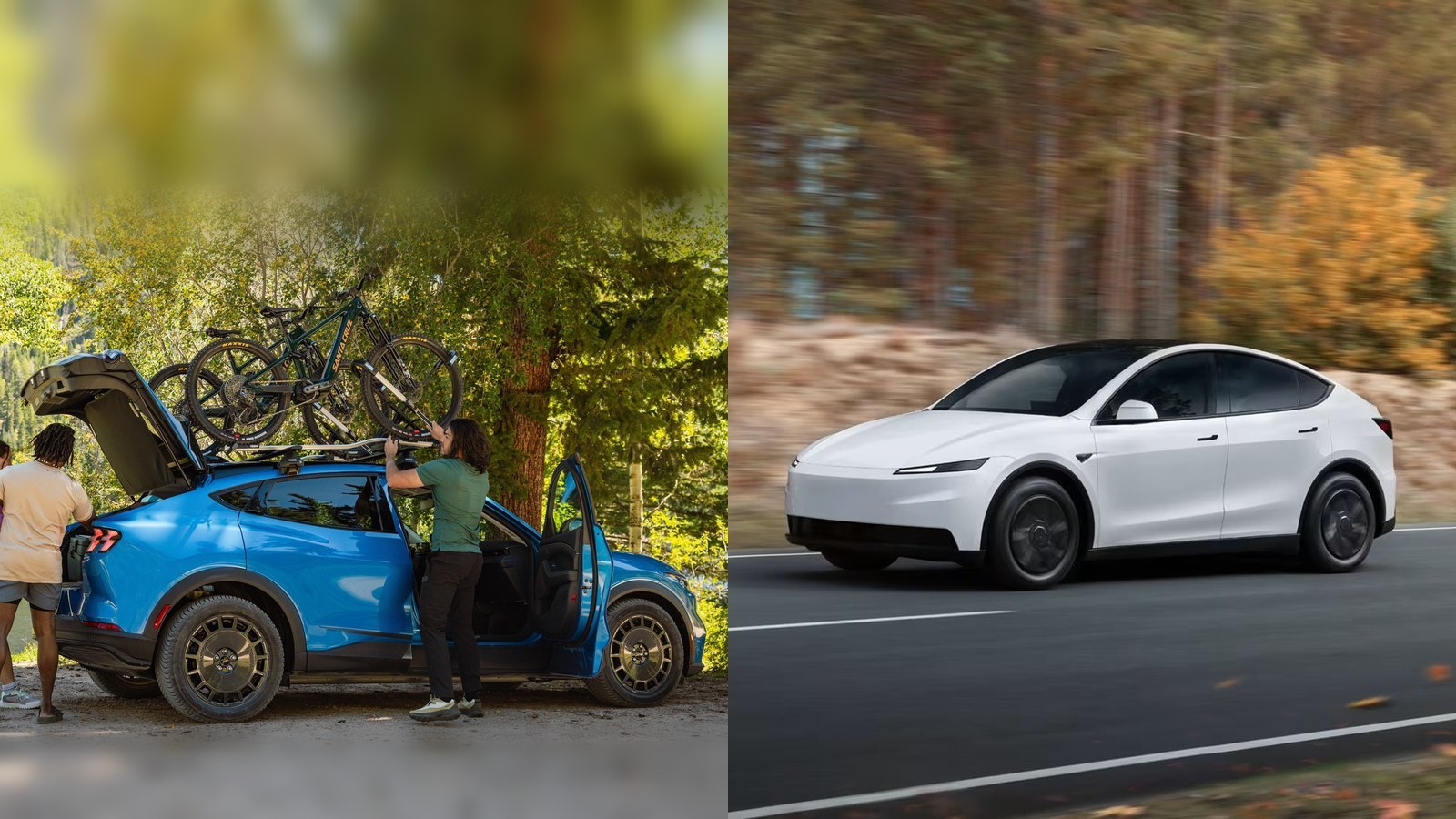 2027 Mustang Mach-E Trail beside a Tesla Model Y Standard