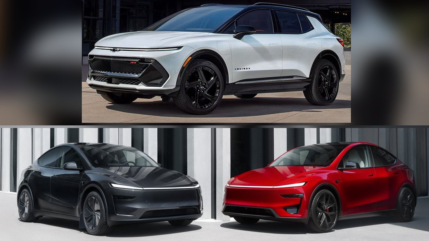 White Chevrolet Equinox EV above black and red Tesla Model Y SUVs