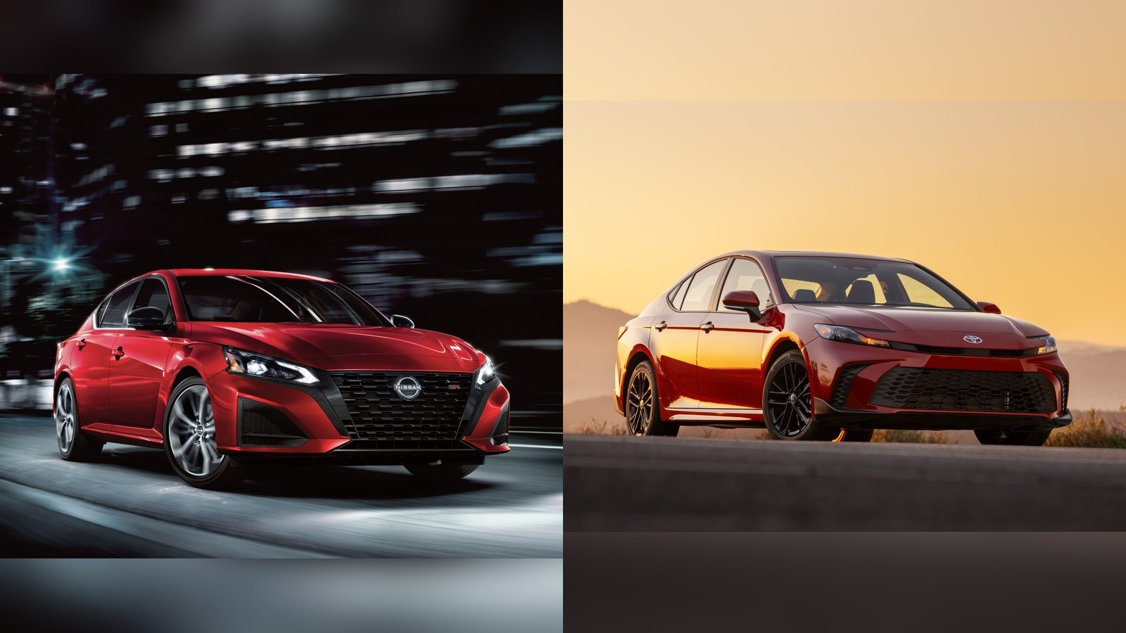 Red 2027 Nissan Altima SR beside red 2027 Toyota Camry SE