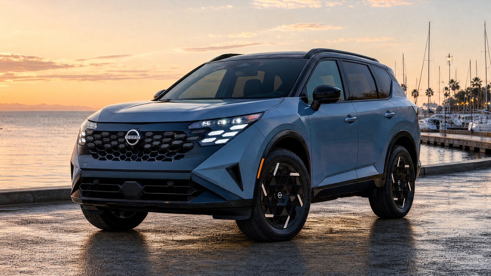 Blue 2027 Nissan Rogue Hybrid parked at a marina at sunset