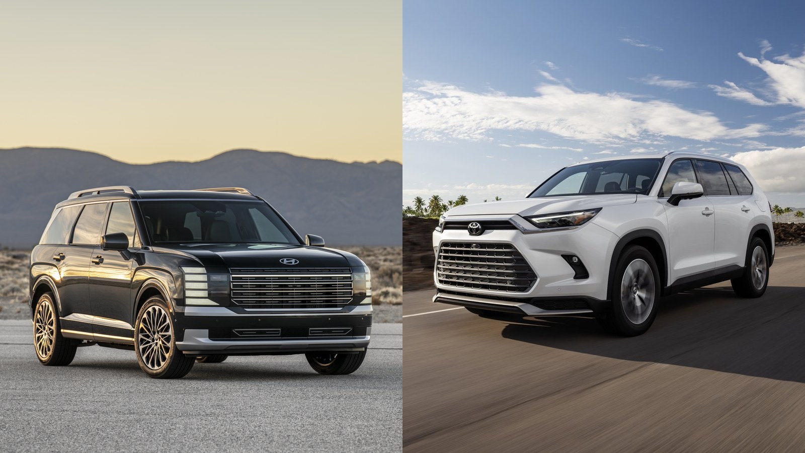 Hyundai Palisade Hybrid Calligraphy beside a white Toyota Grand Highlander Limited