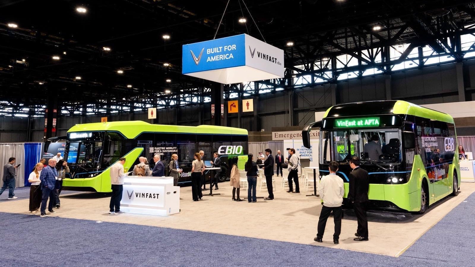 VinFast EB 10 and EB 8 electric buses on the company’s stand at APTA EXPO 2026