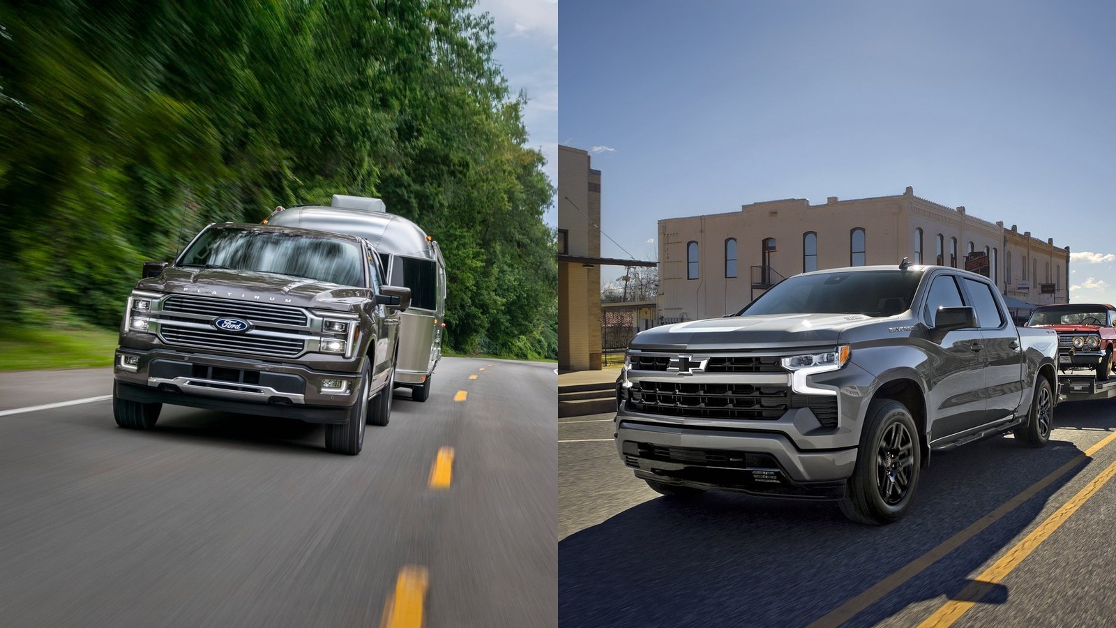 Ford F-150 towing a trailer beside a gray Chevrolet Silverado