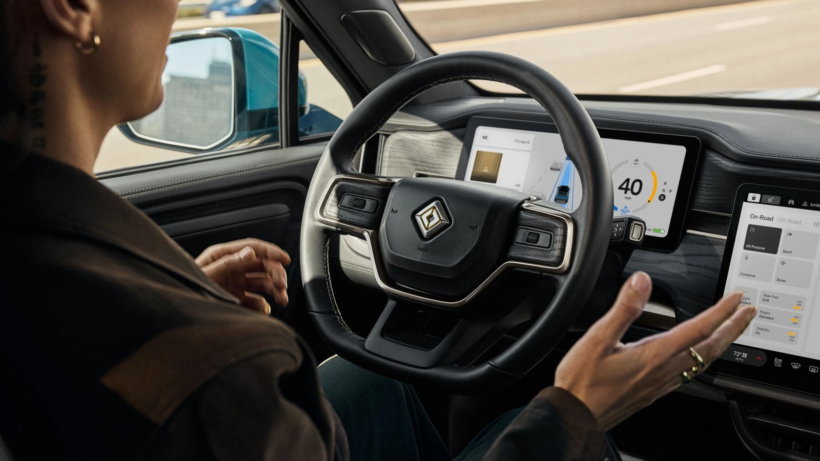 Hands-off driving in a Rivian R1 on a highway