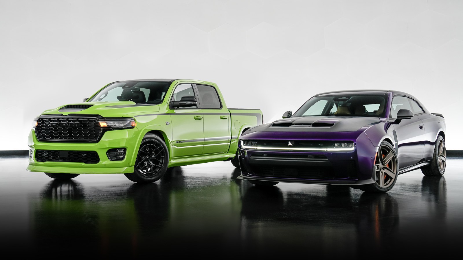 Green Ram 1500 and purple Dodge Charger concepts in a white studio