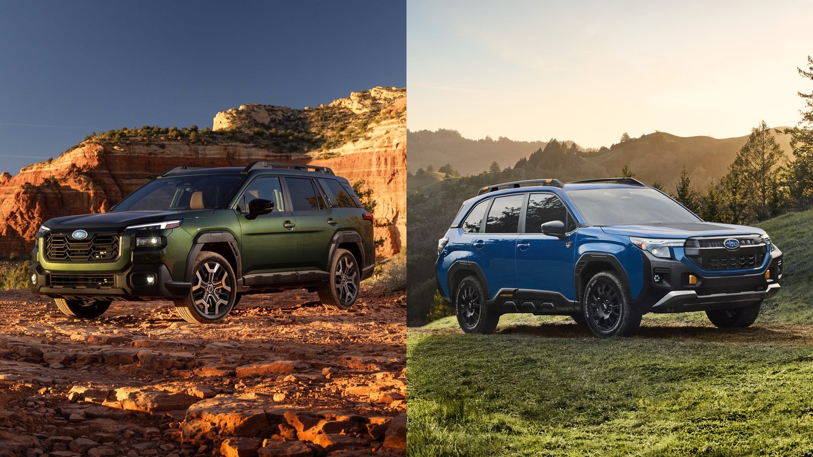 Green Subaru Outback beside a blue Subaru Forester Wilderness