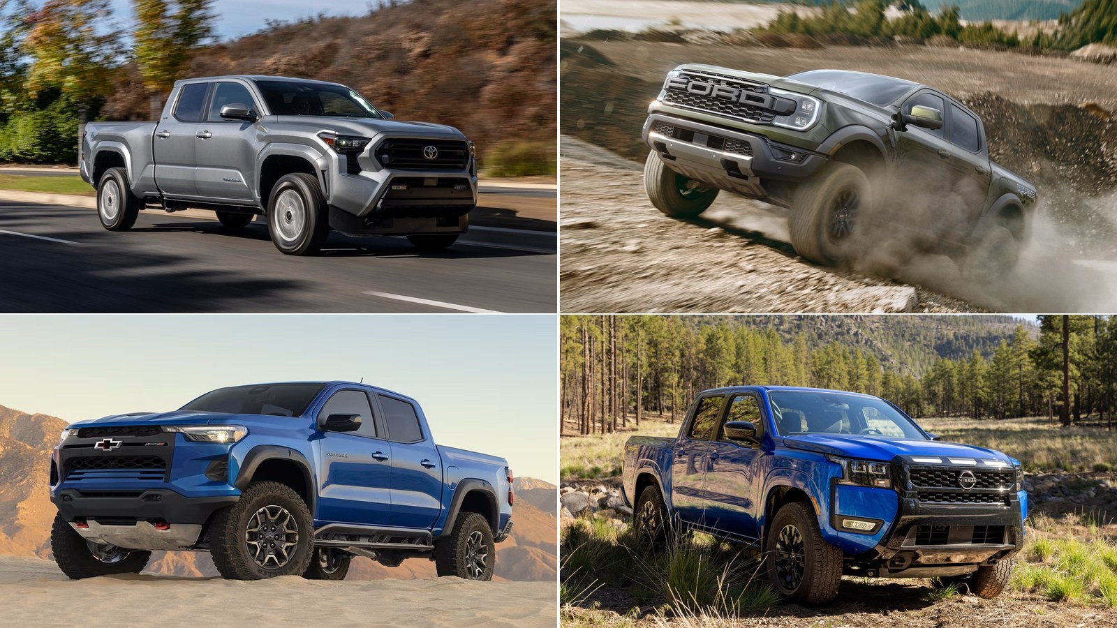 Tacoma, Ranger, Colorado and Frontier midsize pickups in a four-photo collage