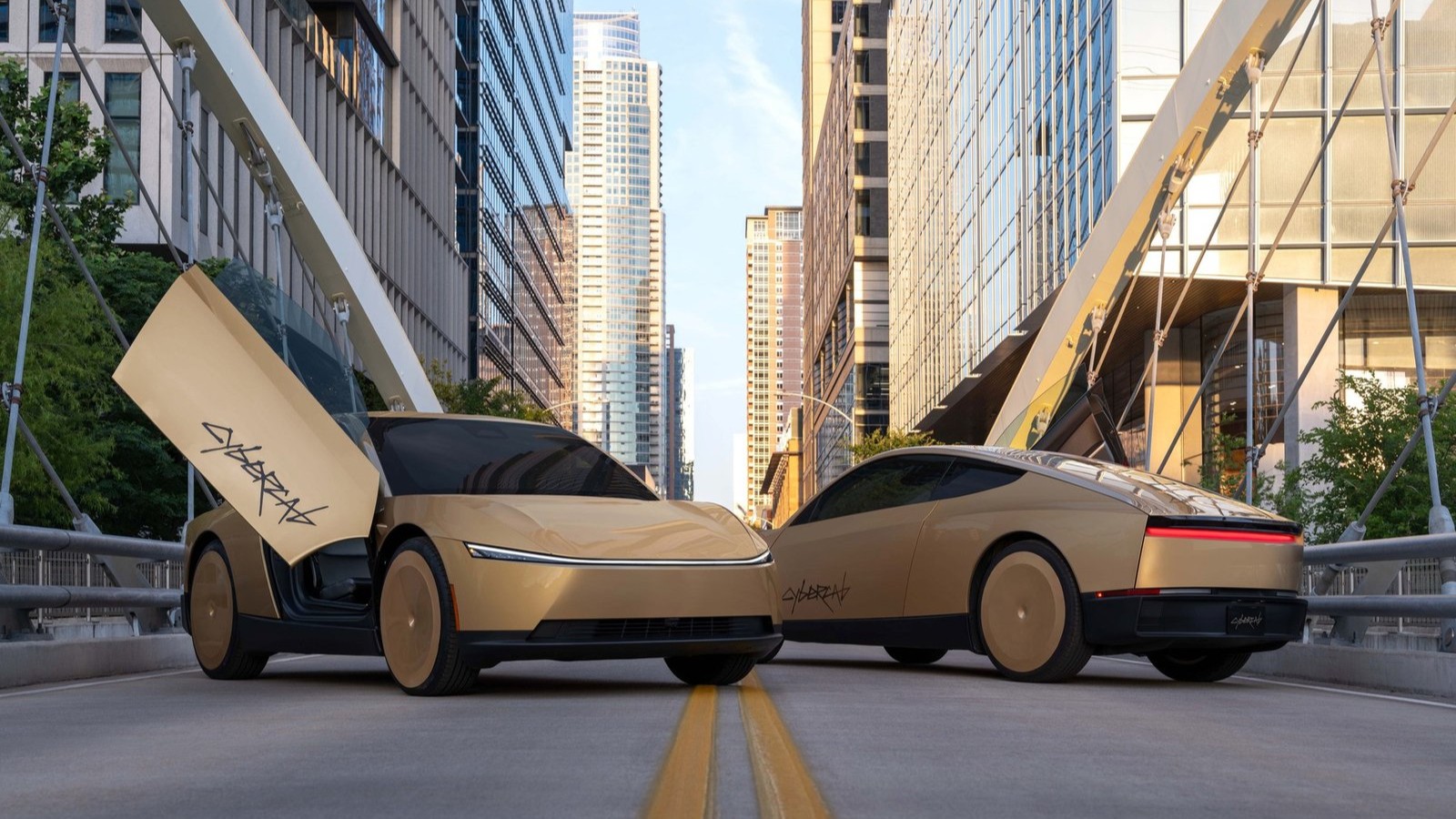 Two gold Tesla Cybercabs on a downtown Austin bridge, one with its door open
