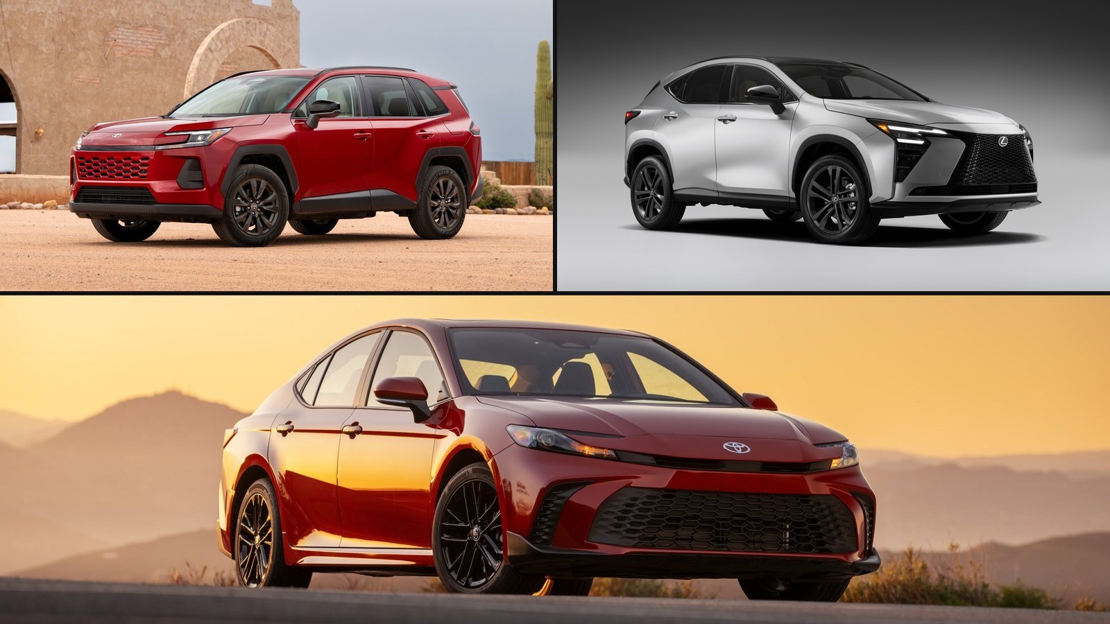 Toyota RAV4, Lexus NX, and Toyota Camry hybrids in a three-photo collage