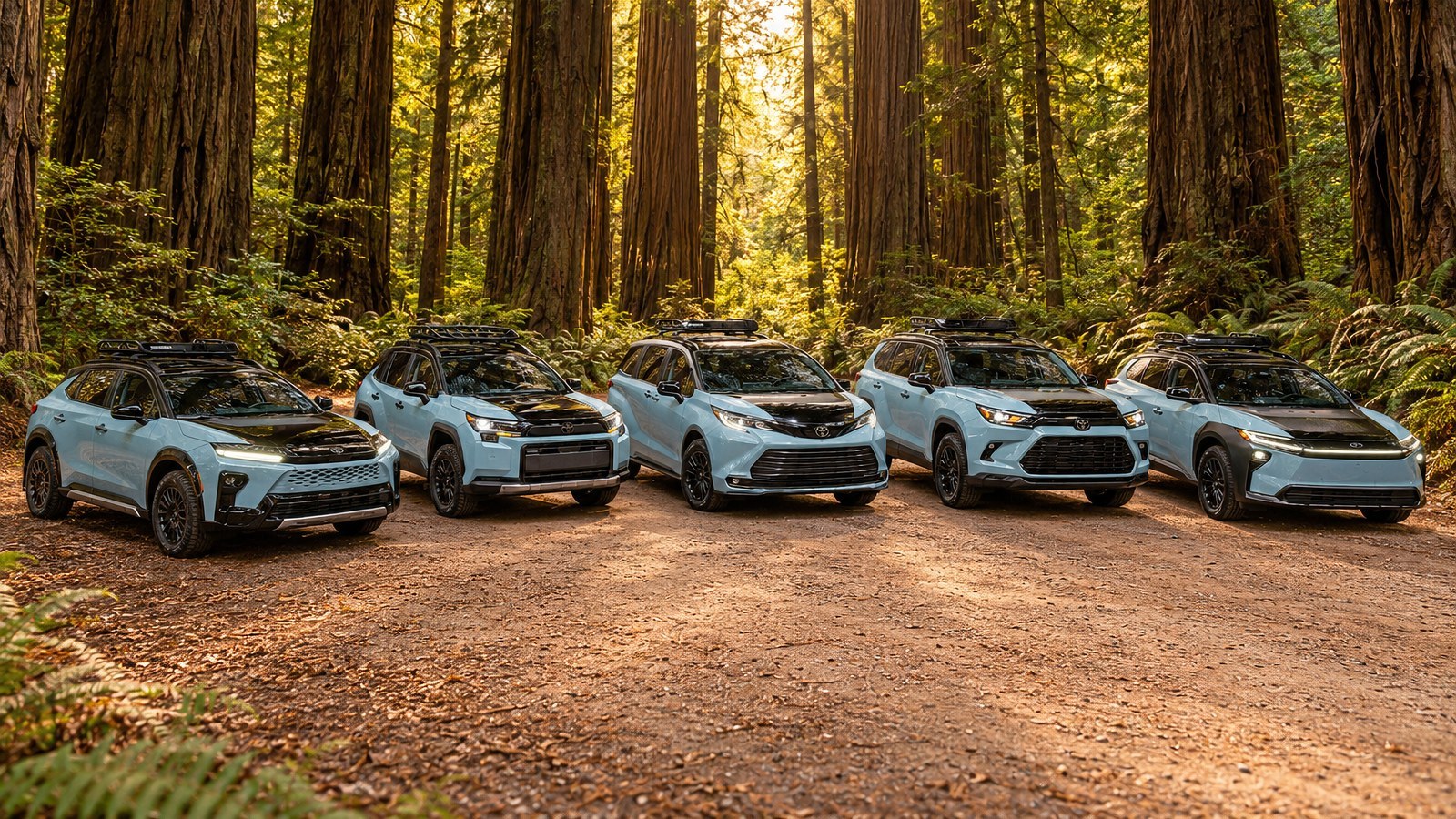 Five Toyota Woodland concepts in Horizon Blue in a redwood forest