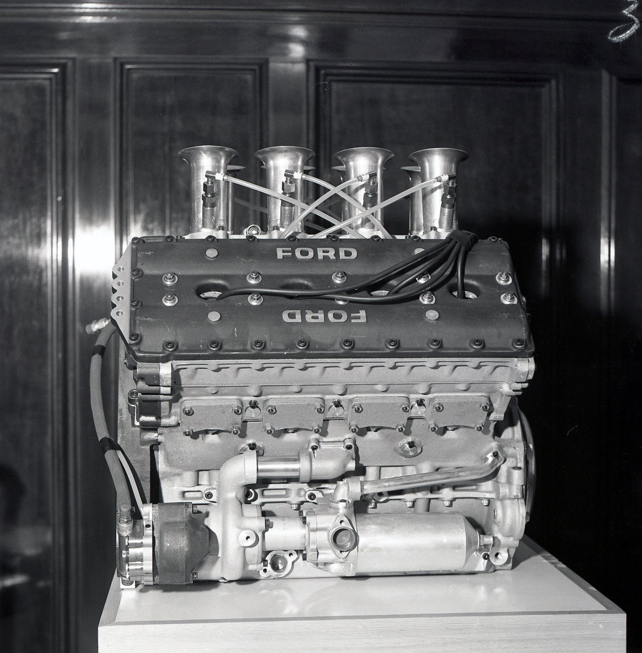 Studio photo of the 3.0-liter Ford Cosworth DFV V8 engine, 1967