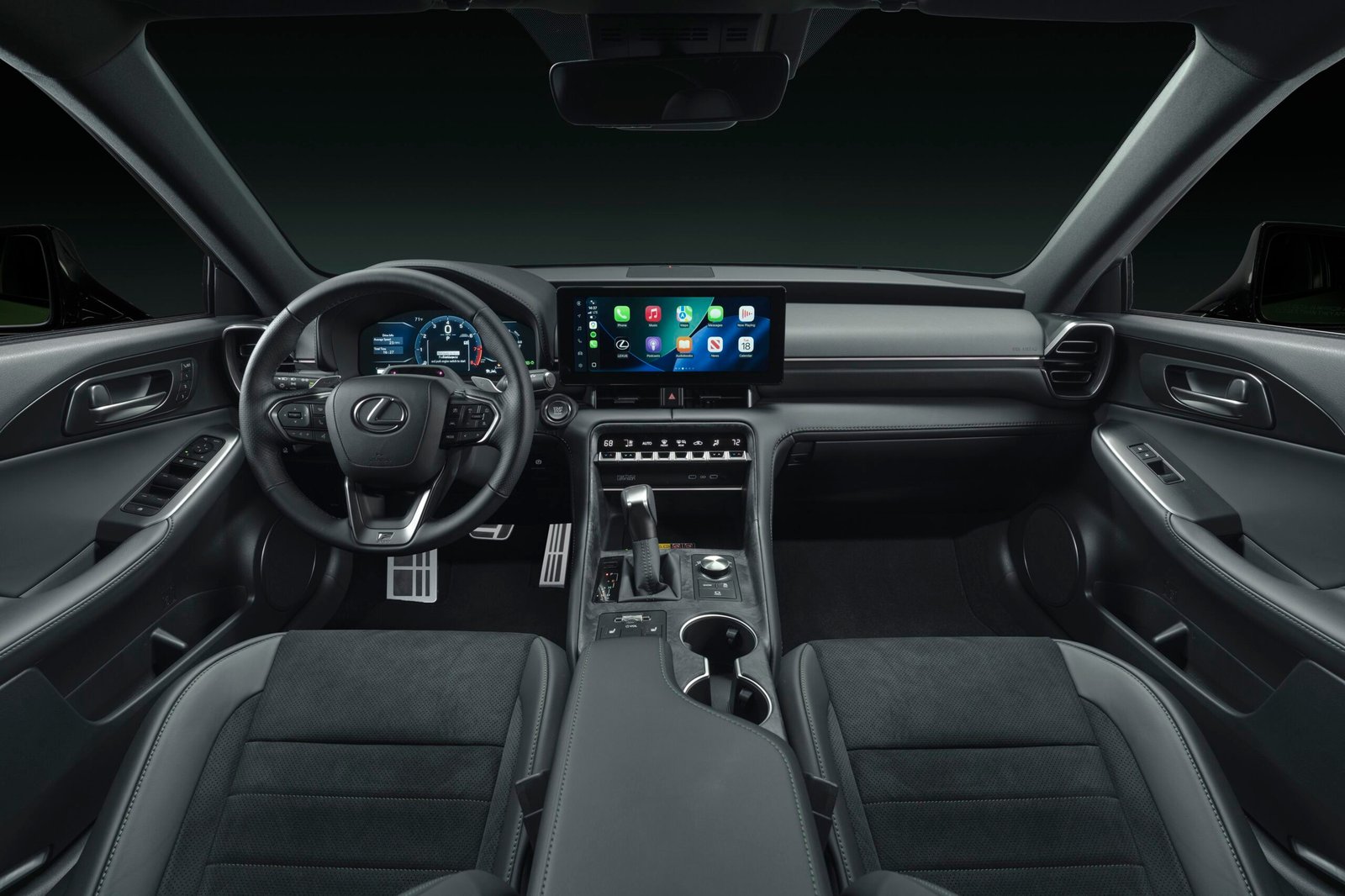 Black NuLuxe and Ultrasuede interior of the 2027 Lexus IS with 12.3-inch touchscreen