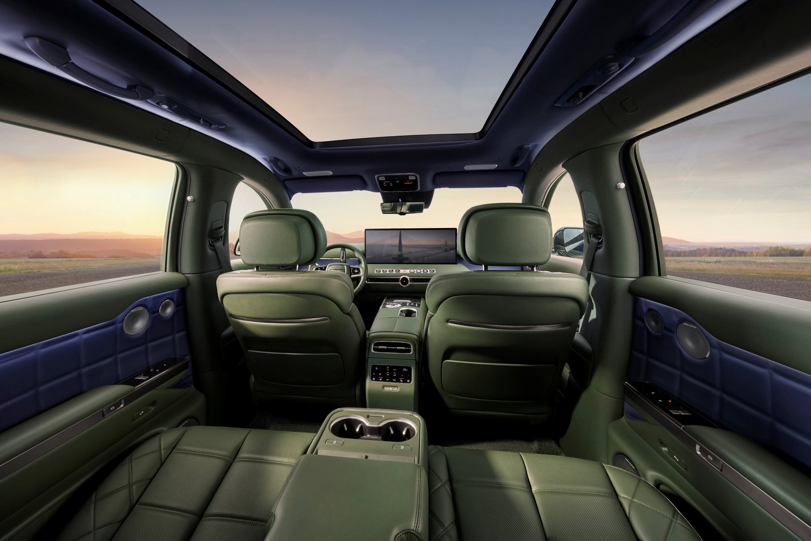 Genesis GV90 rear cabin with green leather and panoramic Smart Vision Roof