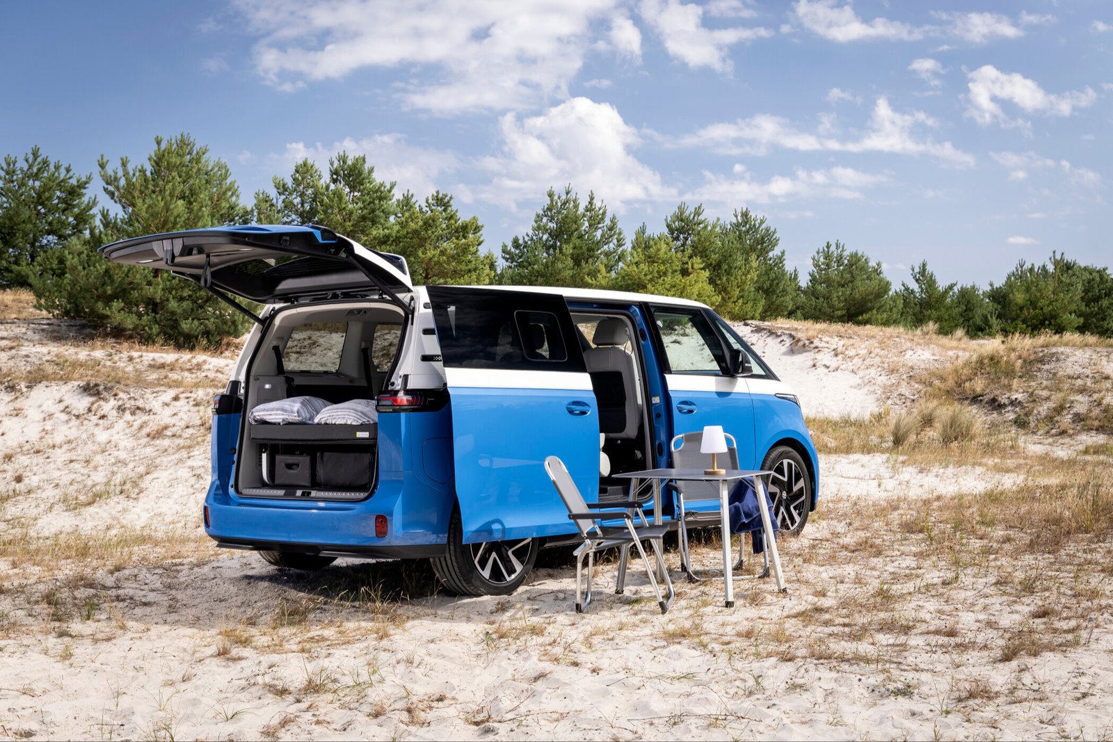 Rear view of the ID. California Cruise with tailgate open showing the bed and storage boxes