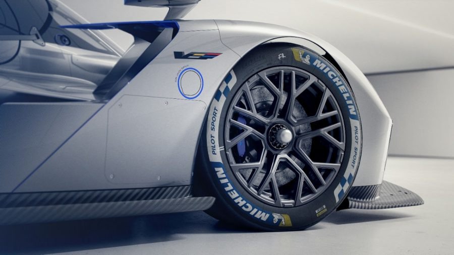 Close-up of Cadillac V-ONE front wheel with new V-Series logo on bodywork