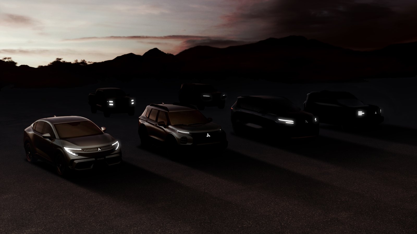 Mitsubishi Momentum 2030 teaser showing silhouettes of future U.S. lineup
