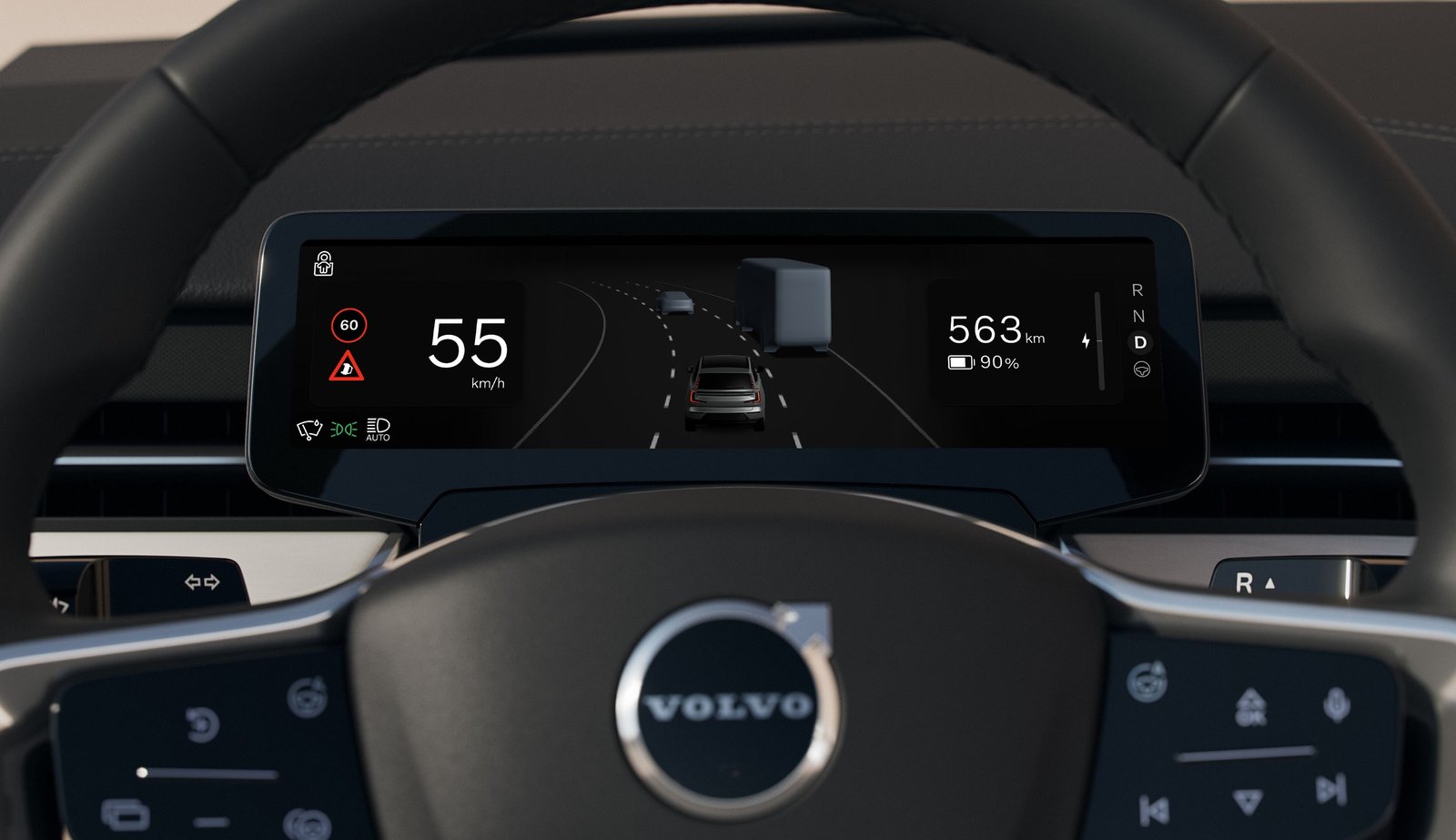 Volvo driver display showing a hazard warning triangle and traffic ahead