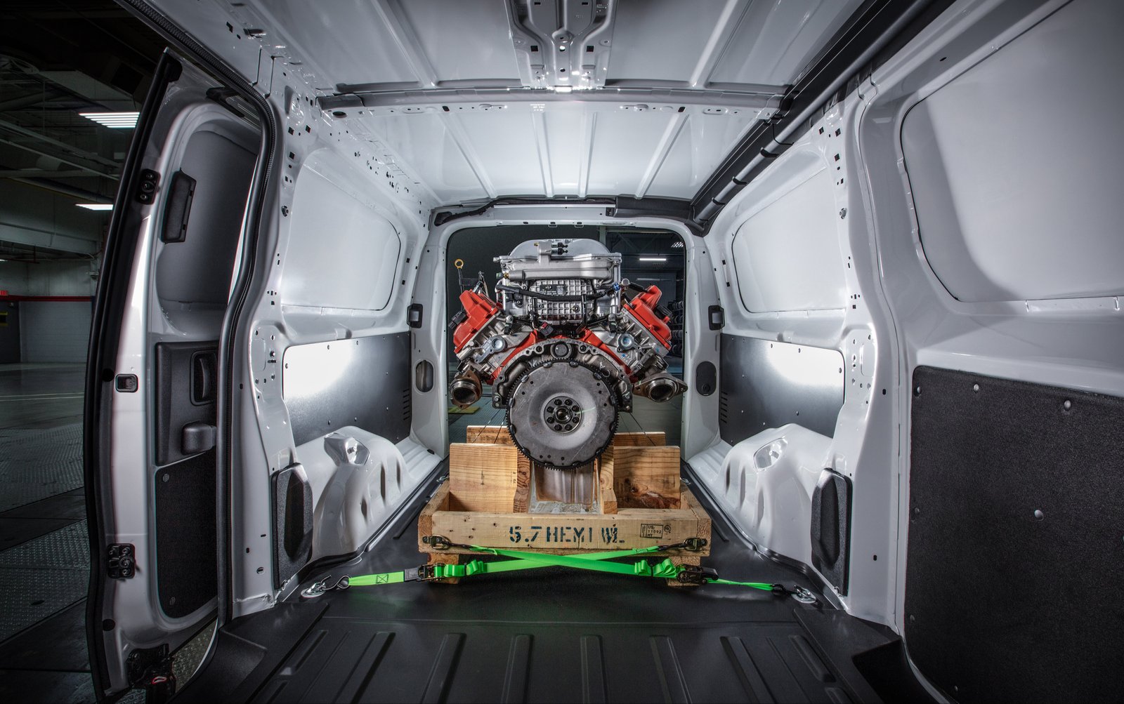 Cargo area of the 2027 Ram ProMaster City loaded with a crated engine