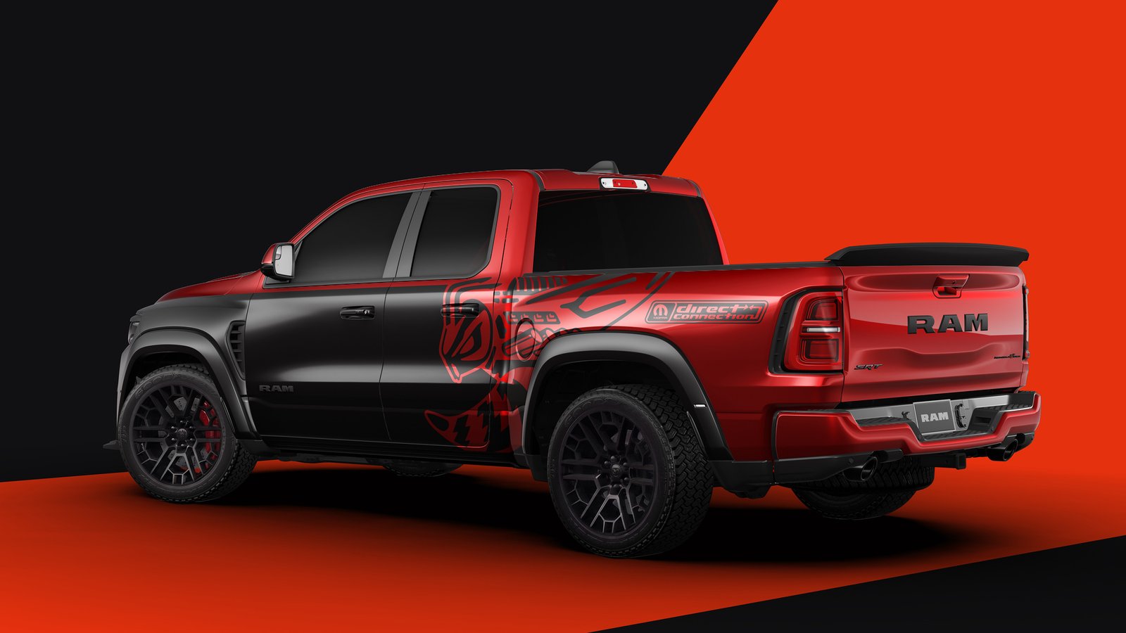 Rear three-quarter view of the 2027 Ram Rumble Bee SRT charity truck