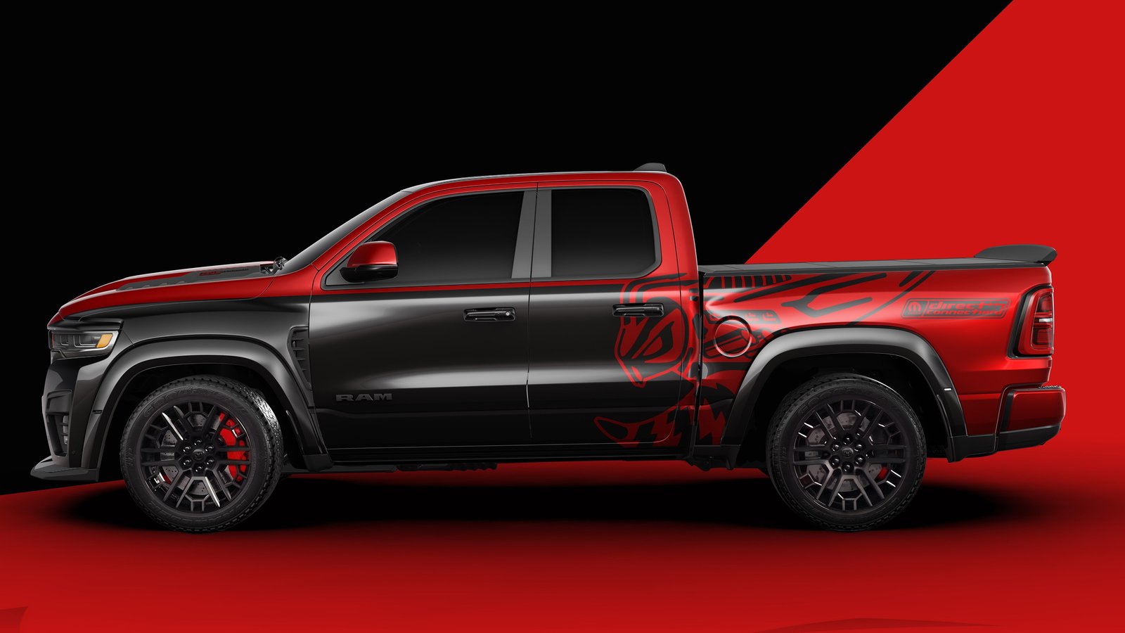 Side profile of the two-tone red and black 2027 Ram Rumble Bee SRT