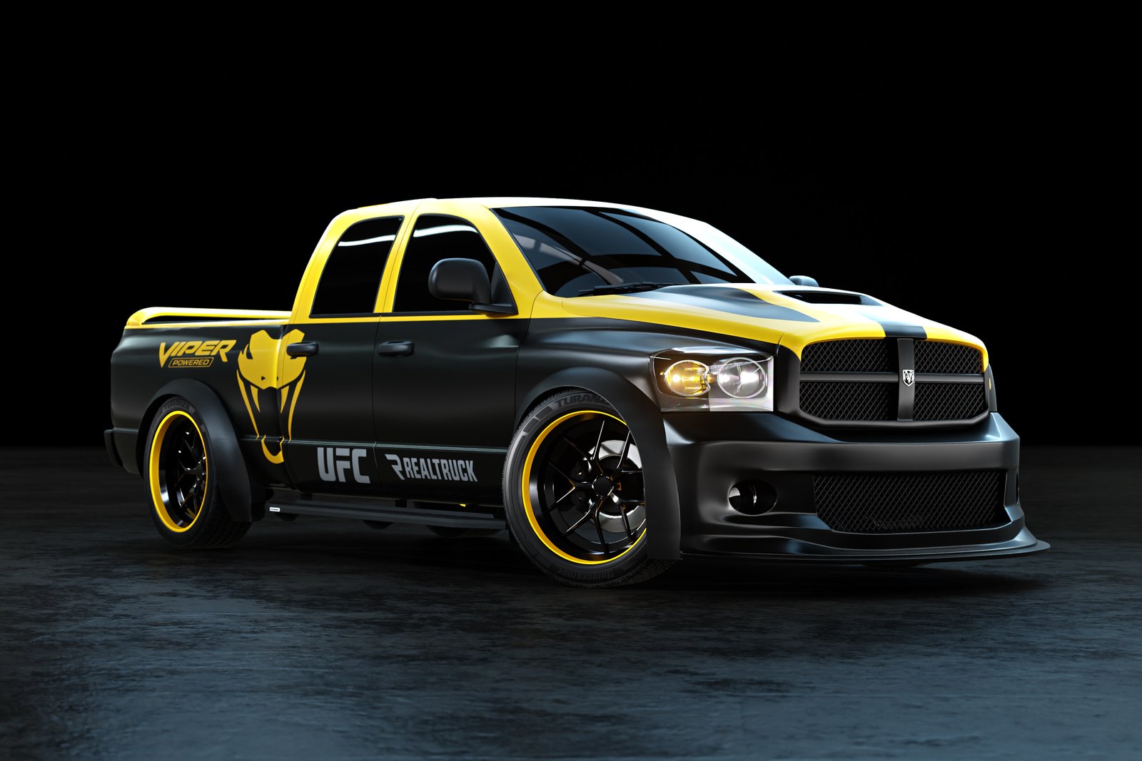 Custom 2005 Ram 1500 SRT-10 in yellow and black, front three-quarter view
