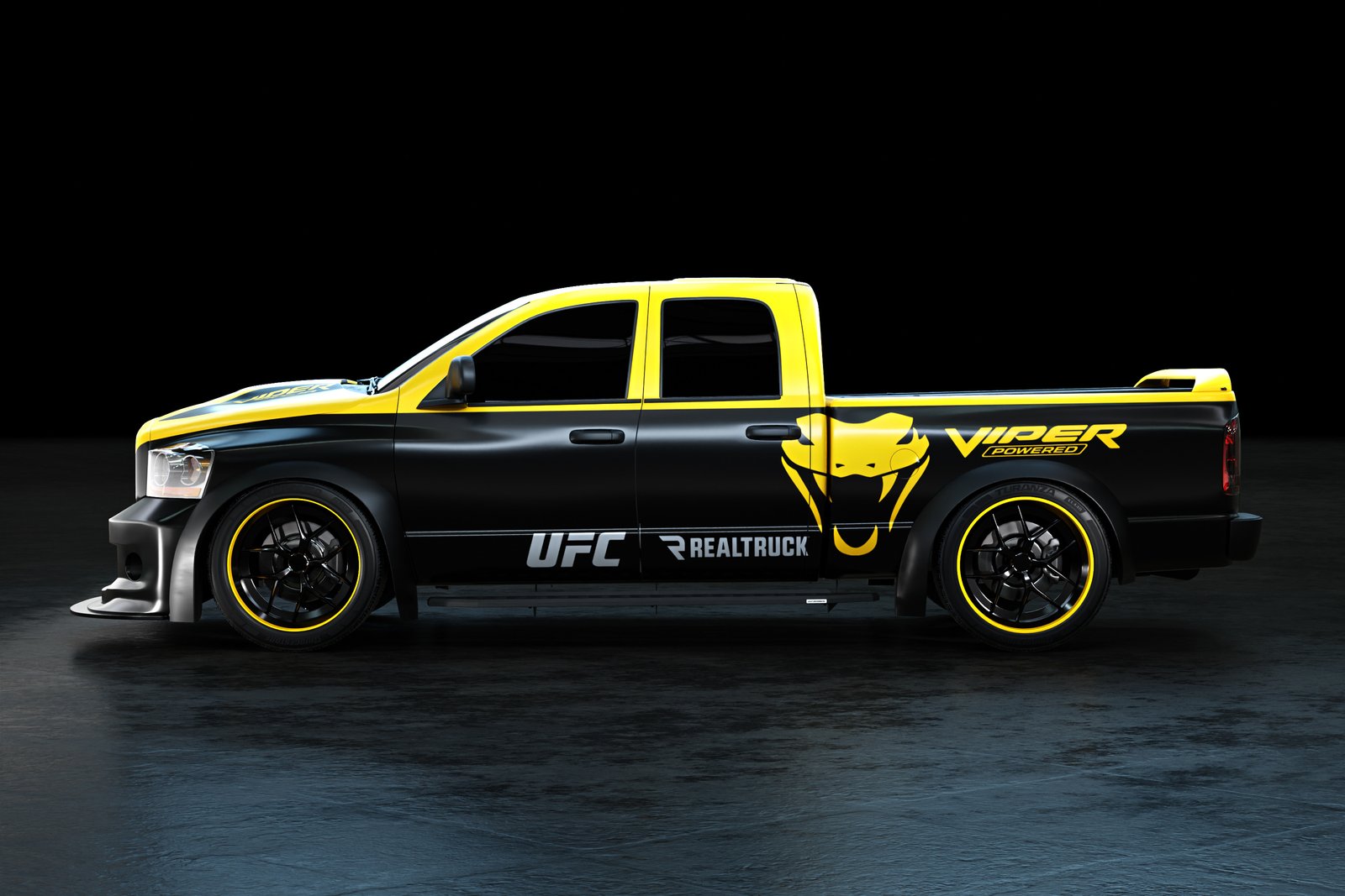 Side profile of the custom yellow-and-black 2005 Ram SRT-10