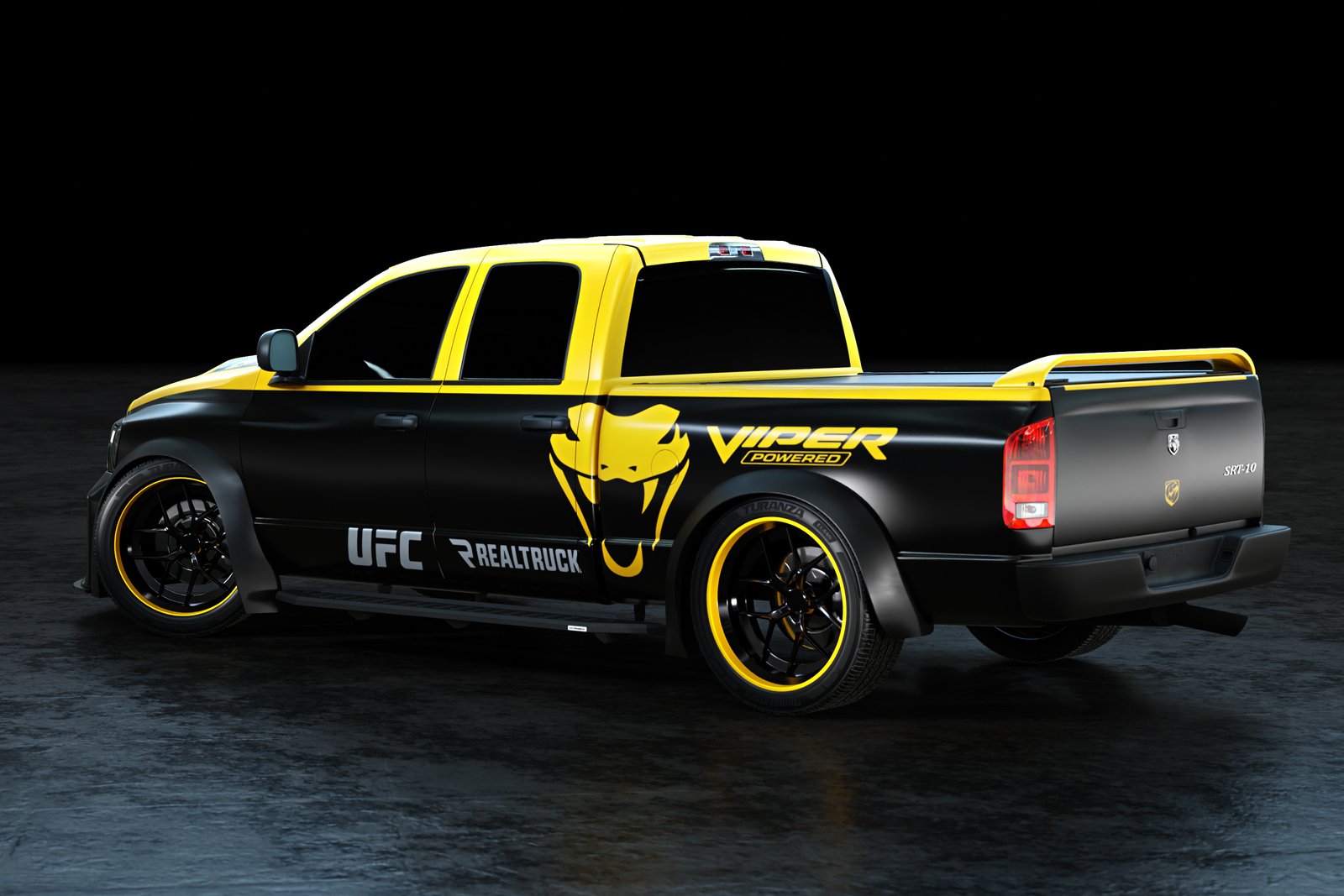 Rear three-quarter view of the RealTruck-customized Ram SRT-10 with Viper graphics