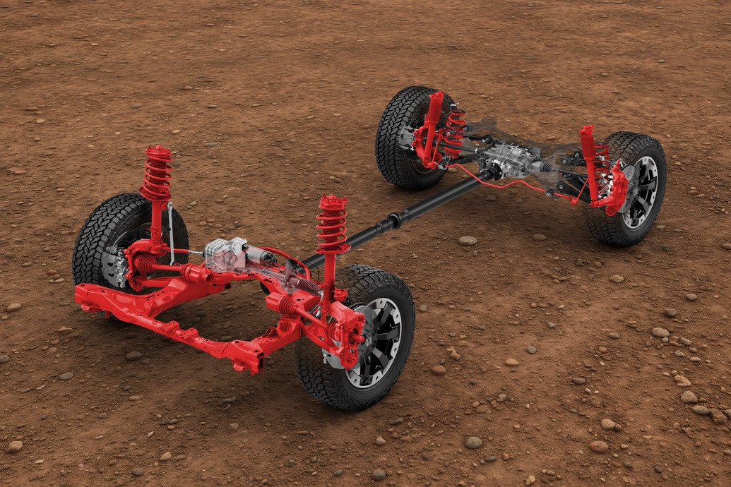 Honda Passport TrailSport chassis rendering with redesigned suspension parts highlighted in red