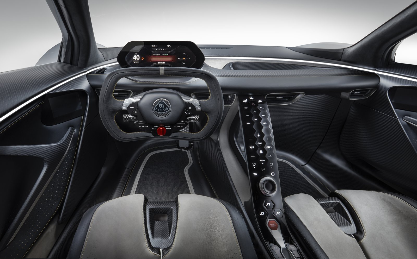 Lotus Evija two-seat cabin with yoke-style steering wheel