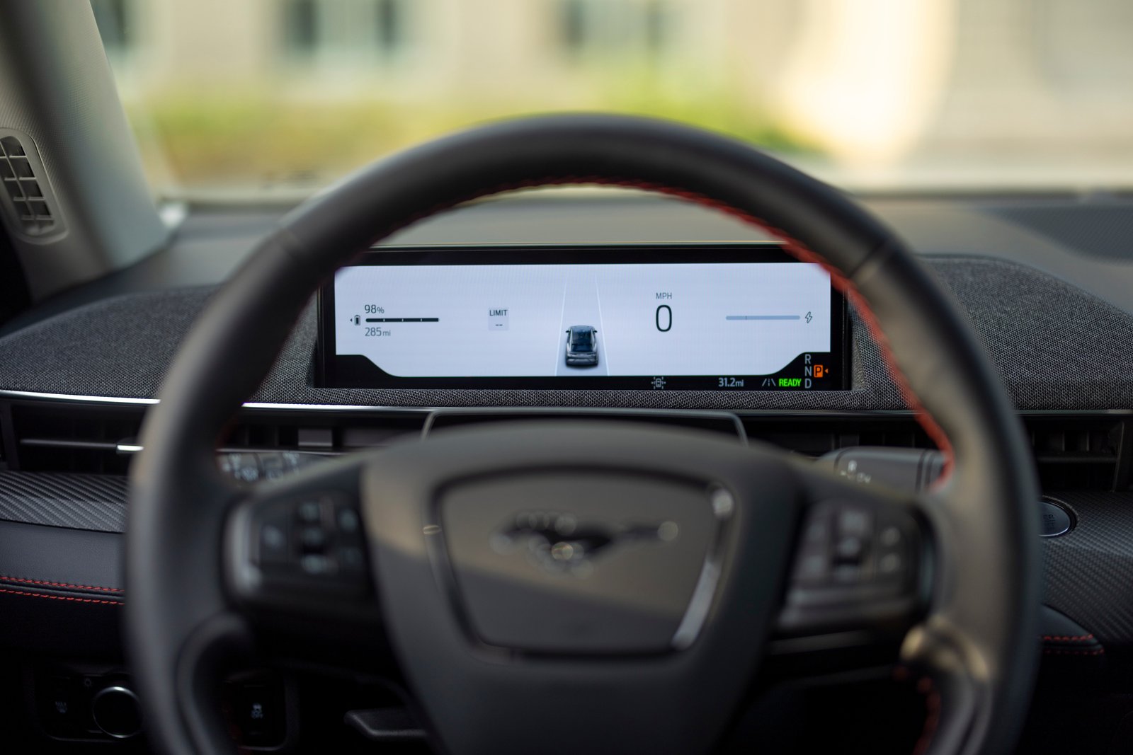 Ford Mustang Mach-E instrument cluster showing battery charge and range