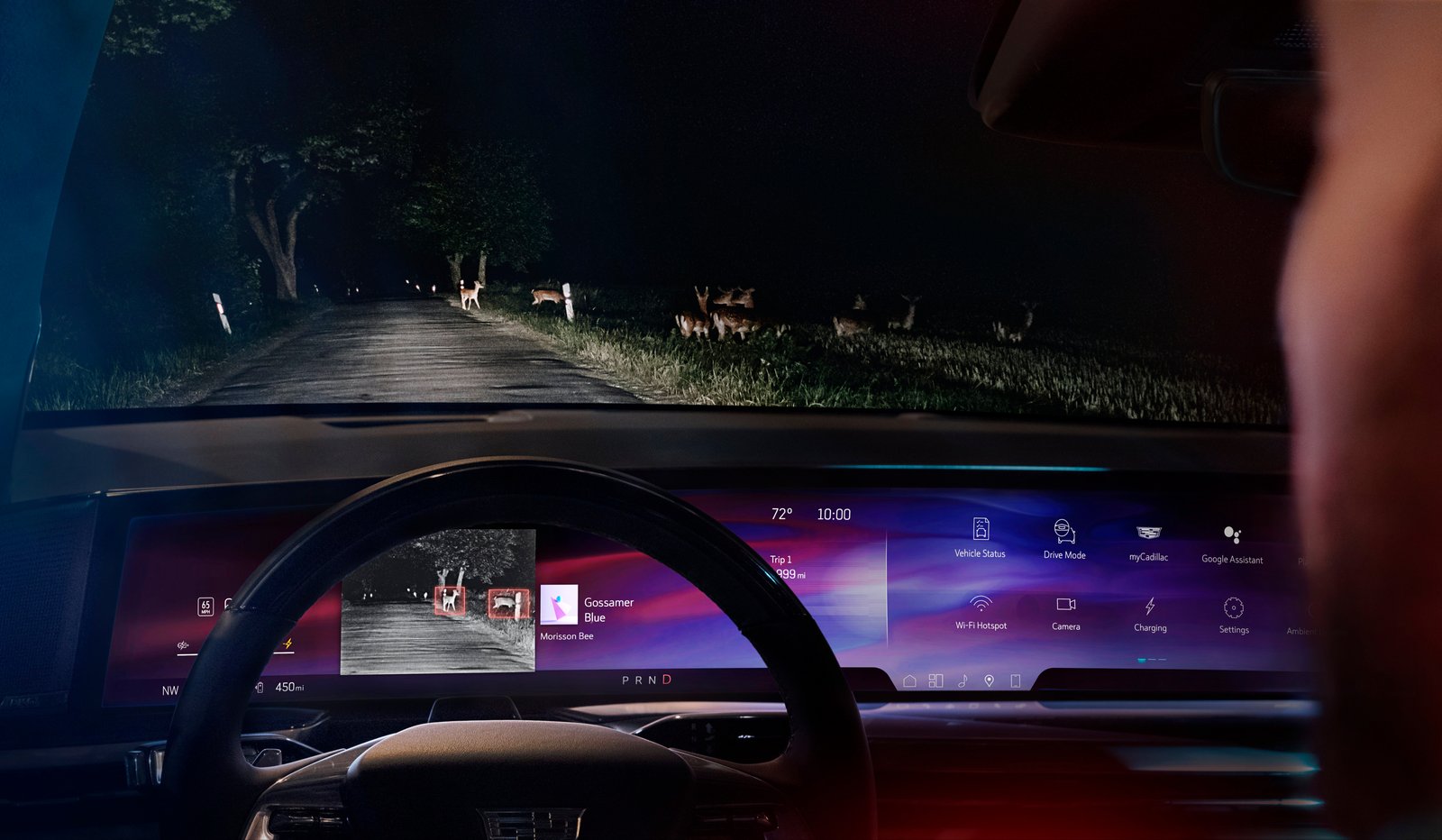 Escalade IQ night vision highlighting deer on the curved dashboard display