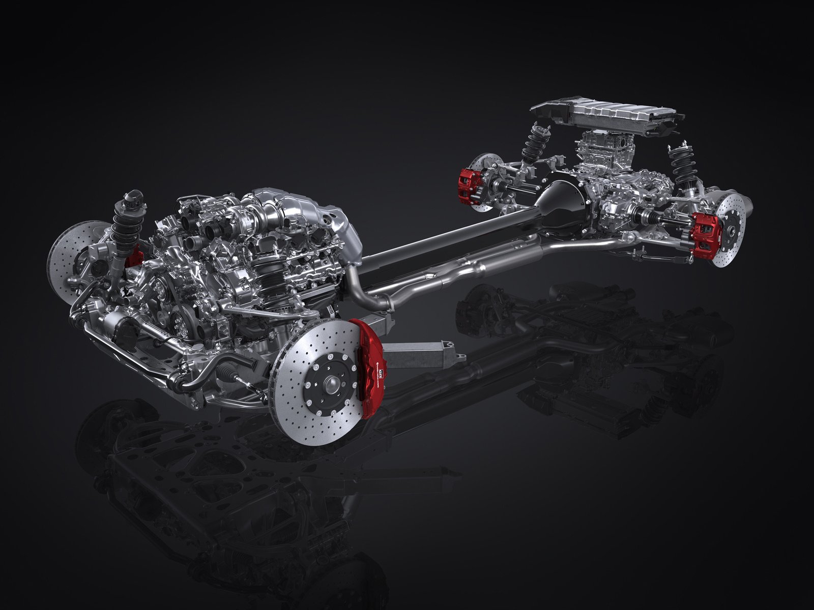 Cutaway of the GR GT's V8, torque tube, and rear transaxle