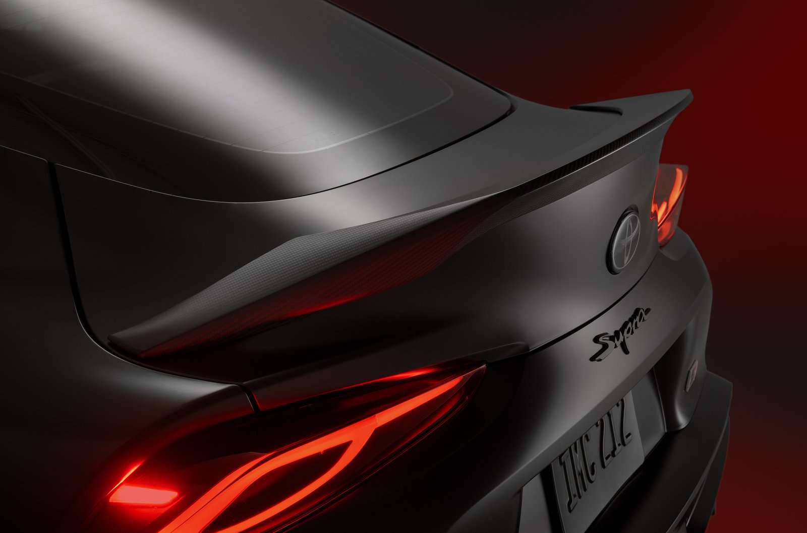 Matte carbon fiber ducktail spoiler on the GR Supra MkV Final Edition