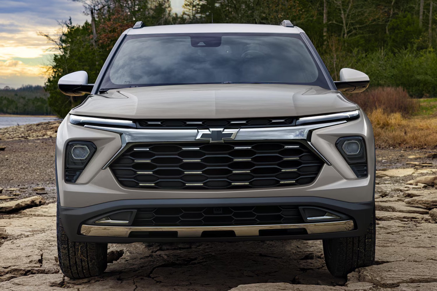 Chevrolet Trailblazer front view parked on rocky lakeshore
