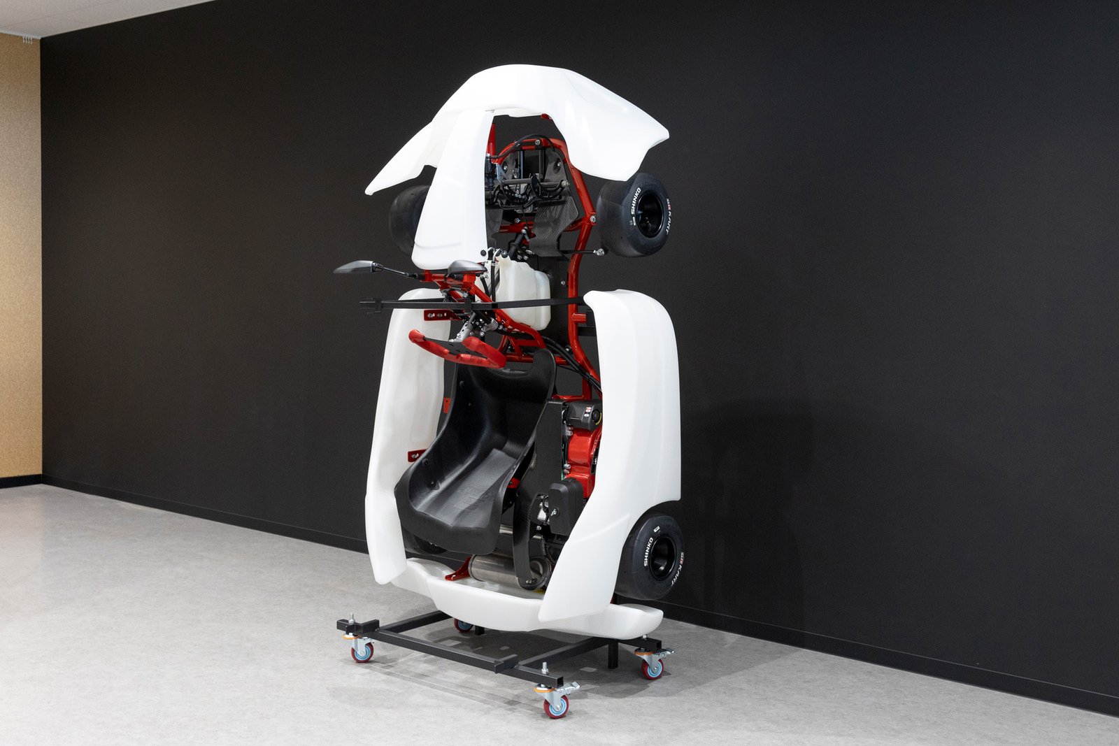 GR KART stored upright on its optional vertical storage cart
