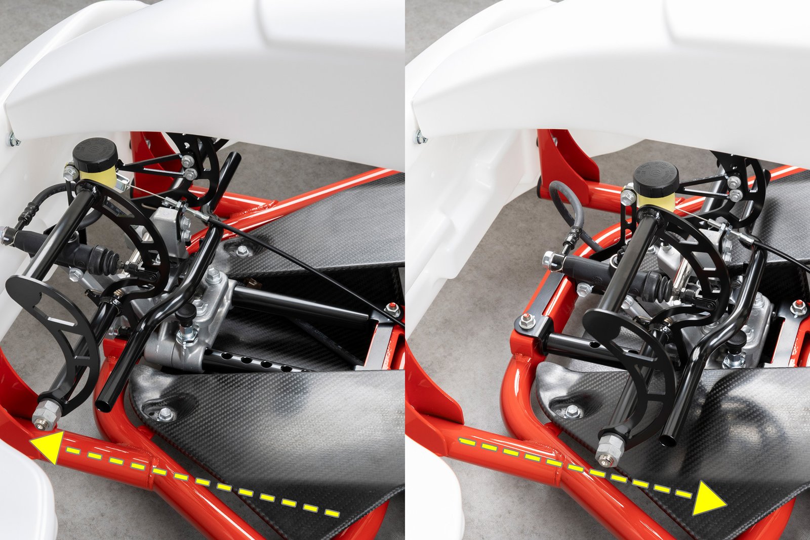 GR KART sliding pedal assembly shown in forward and rearward positions